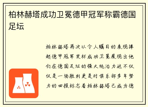 柏林赫塔成功卫冕德甲冠军称霸德国足坛